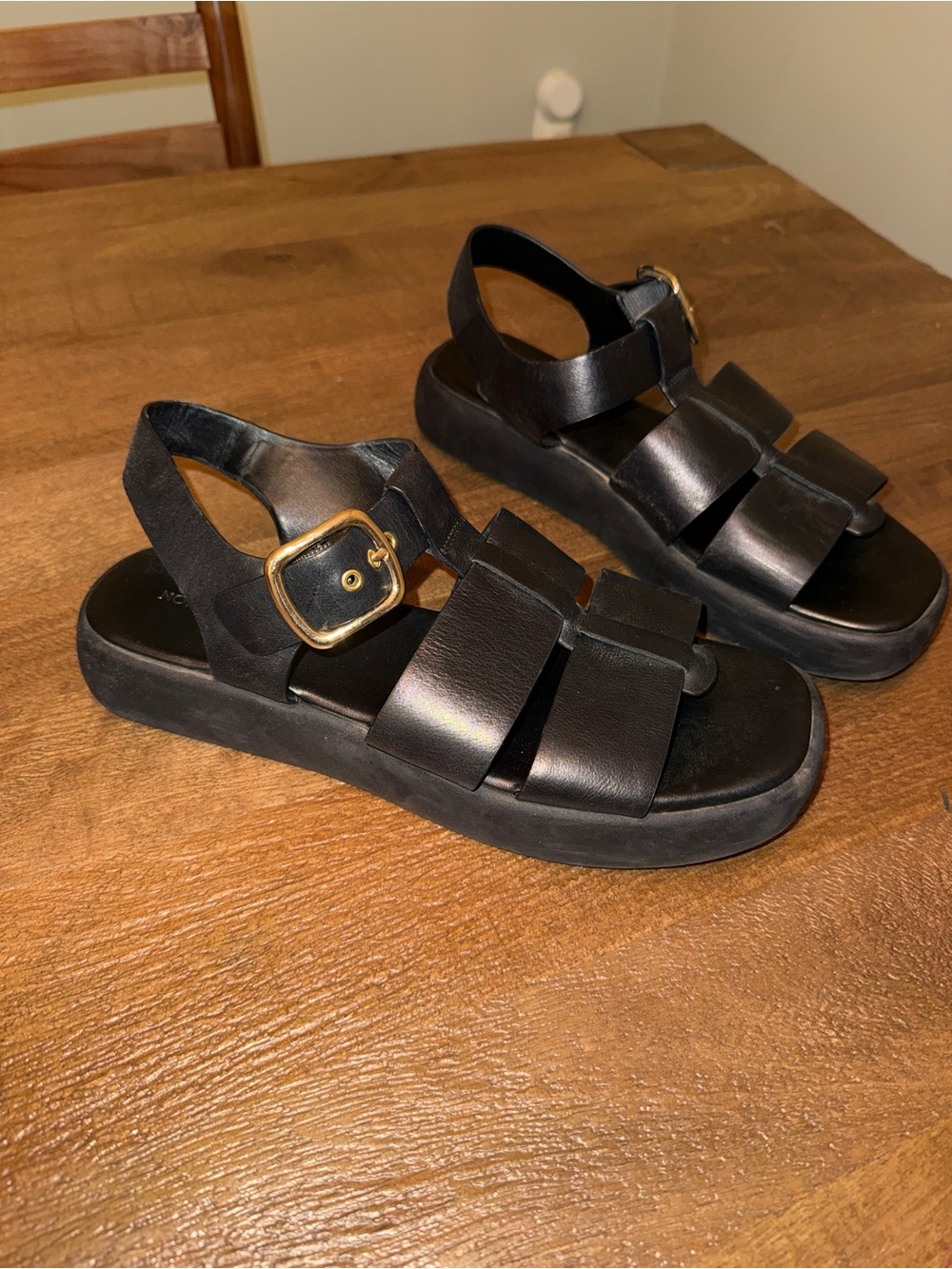 Nordstrom Black Leather Platform Sandals with Gold Buckle
